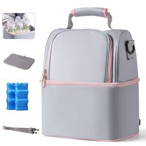 NCVI Breastmilk Cooler Bag 2 Ice Packs Holds 6 Bottles Double Layer Grey Pink